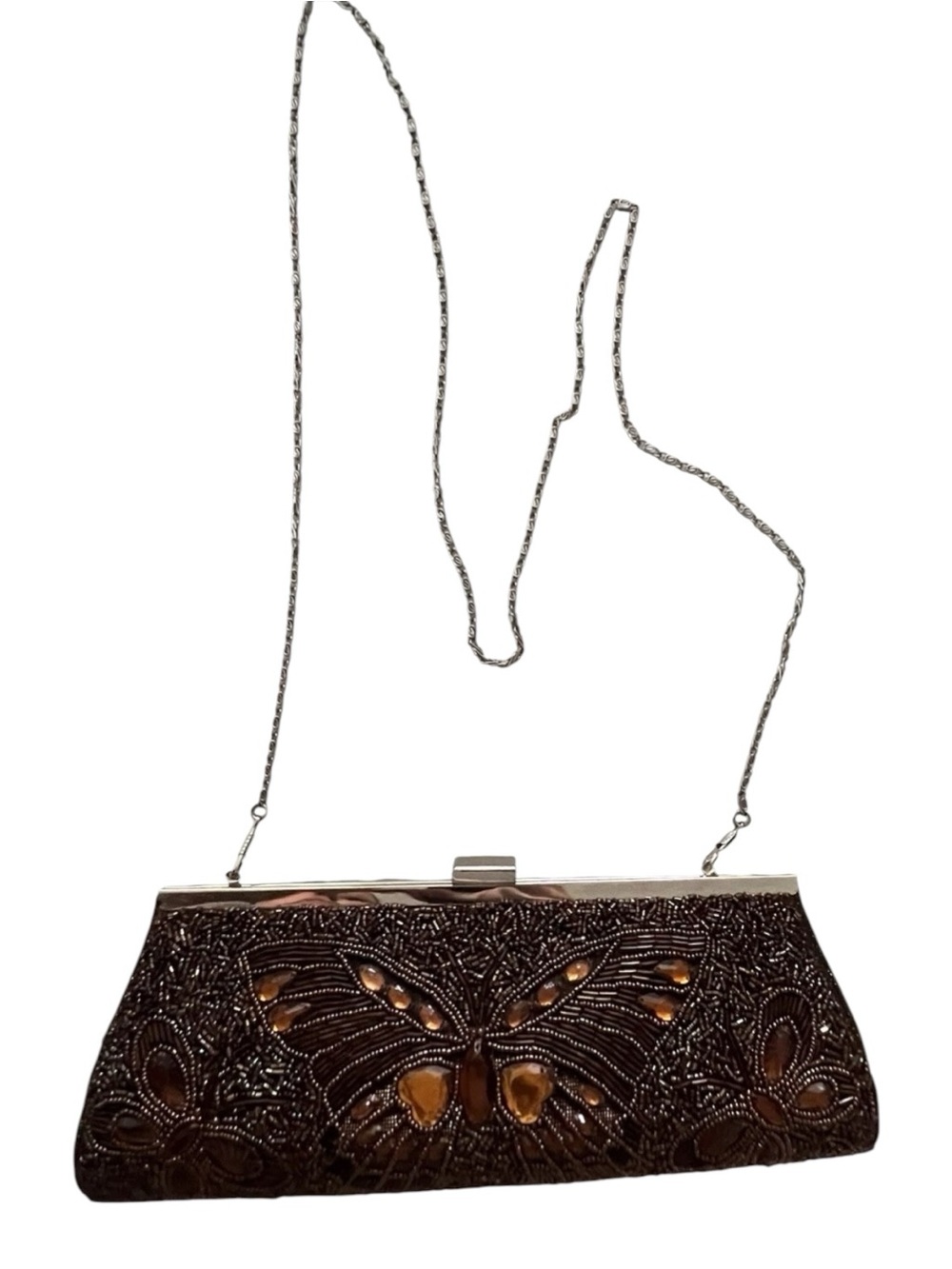 Vintage Brown Beaded Butterfly Clutch Evening Bag